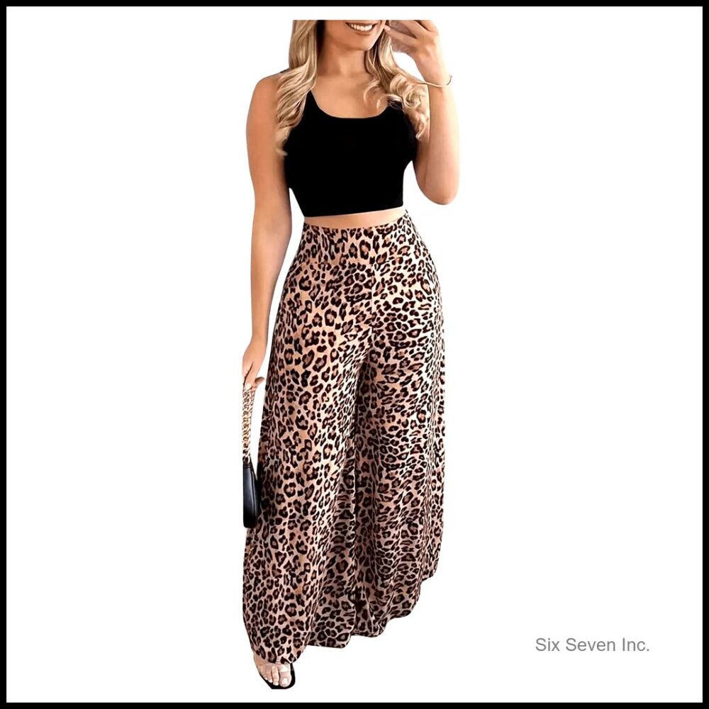 Elastic High Waist Trousers Leopard Print Wide Leg Palazzo Pants